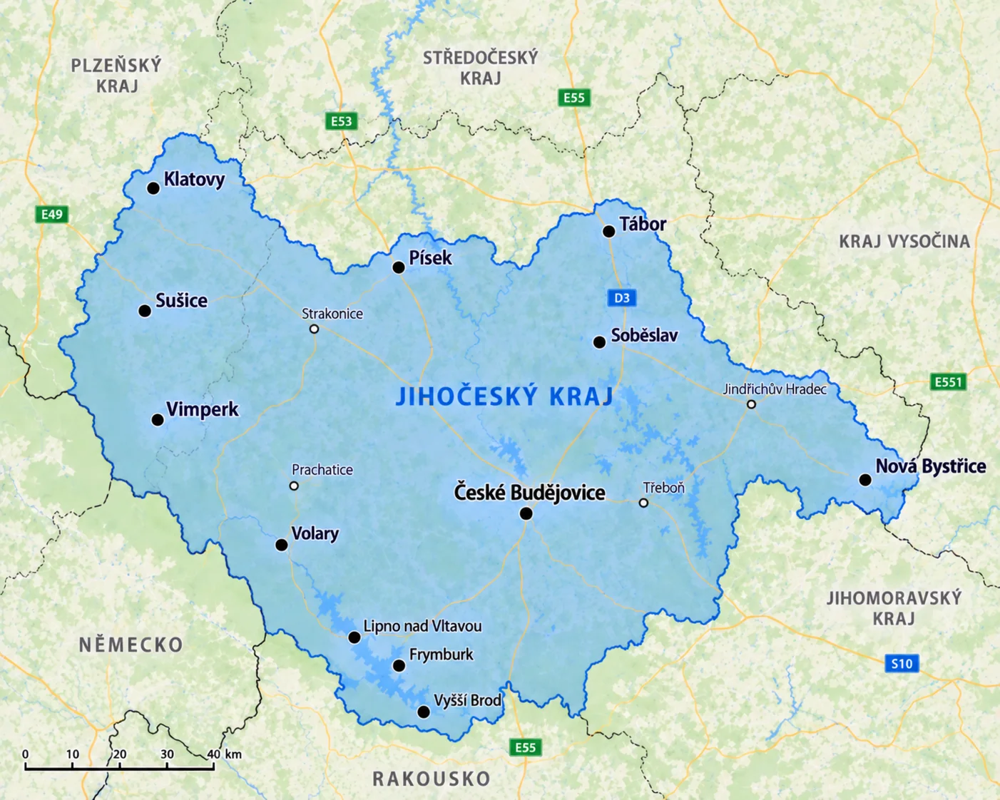Mapa oblasti působení: Jihočeský kraj a okolí, od Klatov a Sušice přes České Budějovice po Tábor a Novou Bystřici